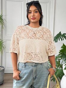 SHEIN EZwear 大尺碼女款法式浪漫風蕾絲透視T恤 - 白色 - 查看 6