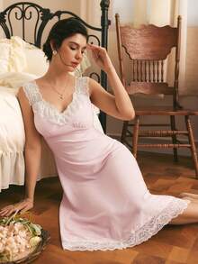 Côtesoire French Elegant Romantic Lace Patchwork Bow Decor Slim Fit Long Women's Nightgown For Wedding And Home - Baby Pink - View 4