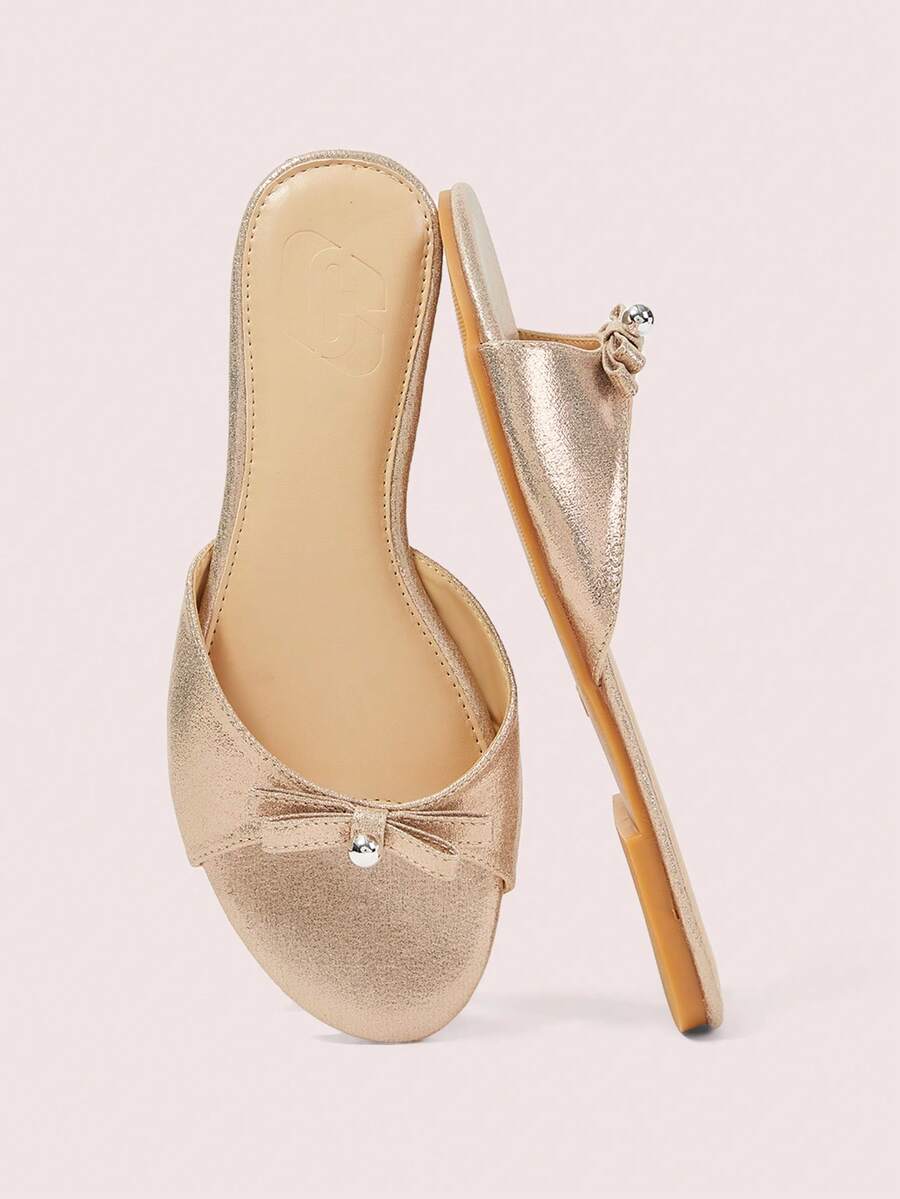 CUCCOO DOLLMOD 女款細閃金舒適平底涼鞋,甜美風蝴蝶結平底涼鞋 - 淺金色 - 查看 1