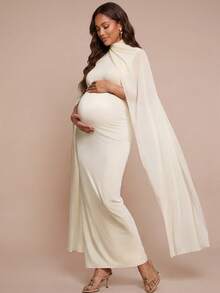 MaterniChic Elegant Chic Two Pieces Maternity Party Photoshoot Set: Cream Dress With Matching Shawl Stylish Fall Maternity Wear Suitable For Evening Events - Beige - View 2