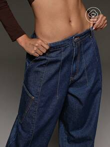 BAD SUNDAY Women's Fashion Versatile Button Pocket Loose Wide Leg Denim Jeans - Dark Wash - View 6
