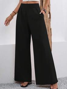 Elenzga Solid Color Loose Wide Leg Elegant Plus Size Long Pants With Pockets, Autumn Fabric Suitable For Women, Plus Size Pants Fall - Black - View 7