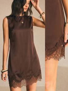 Poéselle Women's Solid Color Round Neck Lace Hem Sleeveless Short Dress Dinner Date Date Night Dark Brown Summer Minimalist Elegant - Brown - View 7