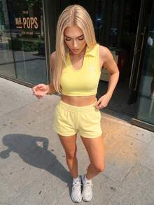 Fluxe Women's Summer Fashion Solid Color Letter Pattern Short Polo Shirt - Yellow - View 6