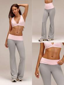 GLOWMODE 31" FeatherFit™ Ready To Flow 折疊腰頭隱形抓皺翹臀喇叭褲 低強度瑜伽 皮拉提斯 健身房 日常休閒 - 灰色 - 查看 8