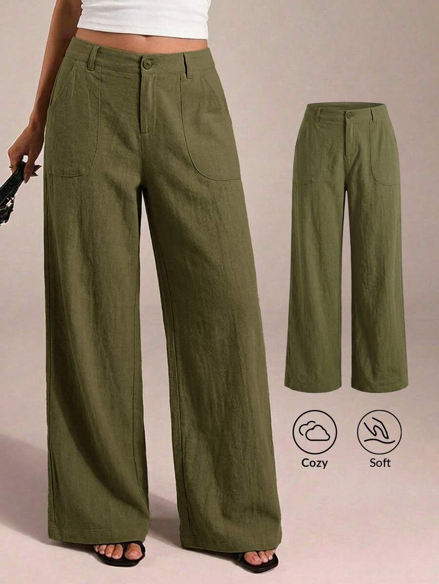 SHEIN PETITE CURVE 大码休闲纯色宽松裤 - 軍綠色 - 查看 1