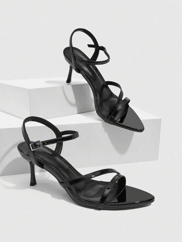 CUCCOO SZL Women Shoes Spring And Summer New Black Glossy Thin Strap Pointed Thin Heel Sandals, Rear Strap Buckle Design, Commuting Dating Party Versatile, Sexy