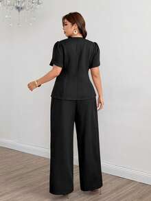 Modelyn Conjunto de 2 piezas para mujer de talla grande con top de manga corta y pantalones largos de unicolor con botones metálicos, estilo casual para ir al trabajo - Negro - Ver 2