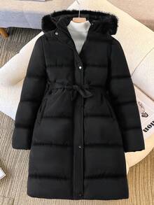 SHEIN 青少年女孩秋冬純黑色連帽填充外套，黑色毛領、黑色鈕扣，中長版寬鬆版型，收腰蝴蝶結設計，百搭填充外套 - 黑色 - 查看 7