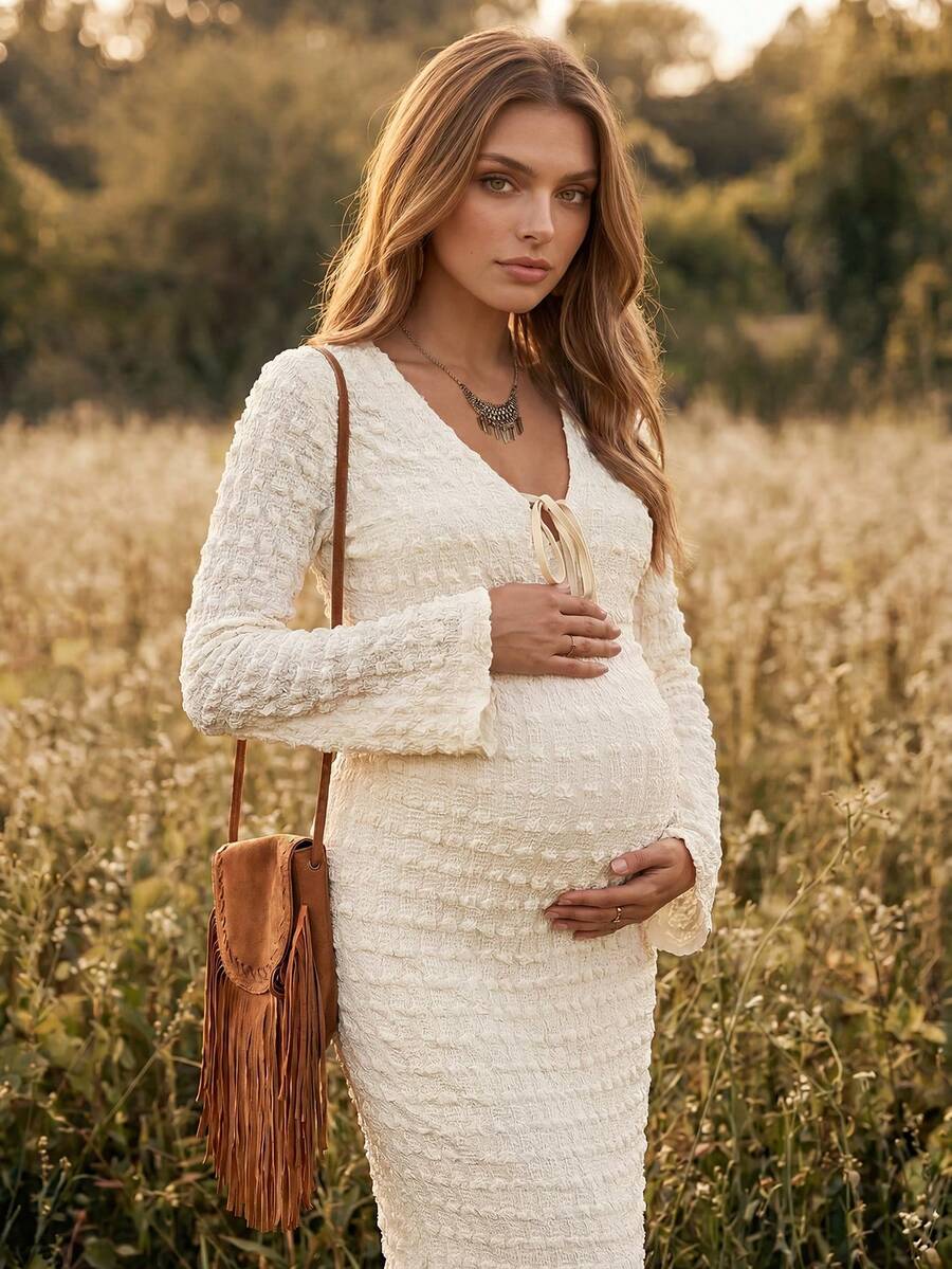 Boho Mama Maternity Front Tie Textured Long Sleeve Side Slit Dress Fall - White - View 1