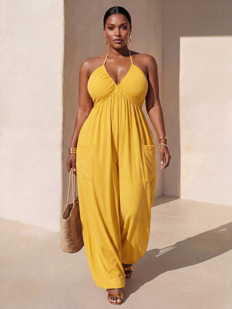 Zivah Plus Size Women's Mustard Yellow Jumpsuit,Summer Boho