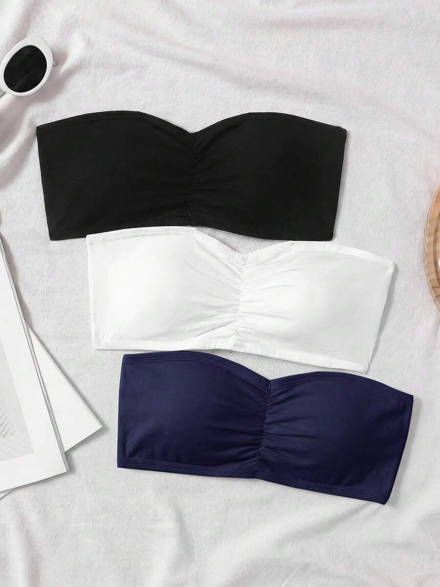 SHEIN Tween Girl 3件組休閒抹胸內衣背心內搭衫,黑色、白色、海軍藍,四季適用 - 藏蓝色 - 查看 1