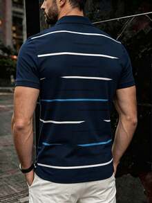 Manfinity Dauomo 男士夏季休閒上衣 標準尺寸 POLO 衫 (Number) 經典條紋印花圖案 經典藍休閒上衣 - 彩色 - 查看 2
