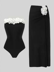 SHEIN Swim 女款黑色花卉裝飾連身泳衣與網紗裙兩件套，夏季沙灘穿搭 - 黑色 - 查看 6