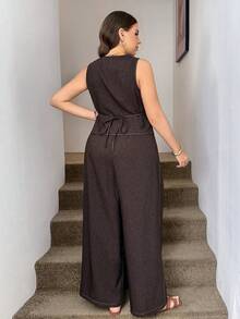 Easowa Curve Plus Size Vest & Pants Suit Set - Coffee Brown - View 2