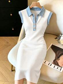SHEIN Clasi Women White Ribbed Knit Bodycon Midi Dress, Denim Effect Print Contrast Polo Collar Sleeveless Design, Elegant Casual Summer Outfit For Date Night Party Commute Vacation Wear - Multicolor - View 6