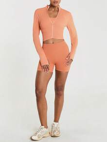11SKNDS Ribbed Zip-Up Cropped Sports Jacket With Mock Neck Long Sleeves And Thumbhole Cuffs Slim Fit Activewear Layer For Spring Summer Gym - Orange - View 5