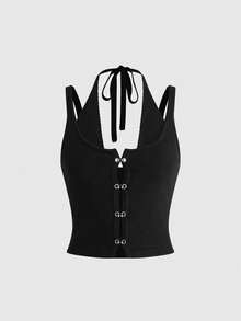 ROMWE Atasan Rajut 2 in 1 Gaya Punk Street Style Hot Girl Y2K Musim Panas Musim Semi Musim Gugur dengan Gesper Logam - Hitam - View 8