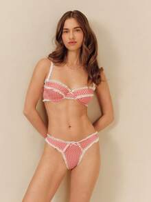 lacRébo Romantic Red Gingham Lingerie Set With Contrasting Lace Trim, Balconette Bra And Matching Thong - Red - View 3