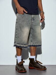 Modcrash Mud Yellow Washed Straight-Leg Cropped Jeans, With Frayed Hem Design, Featuring Distressed And Faded Effect, Vintage Casual Shorts - Mustard Yellow - View 5