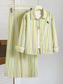 SHEIN Tween Girl Collared Long Sleeve Shirt And Striped Pants Set - Multicolor - View 3