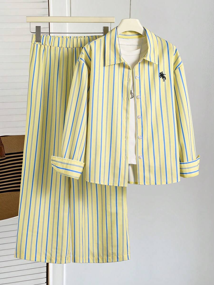 SHEIN Conjunto de camisa de manga larga con cuello y pantalones a rayas para niña preadolescente - Multicolor - Ver 1