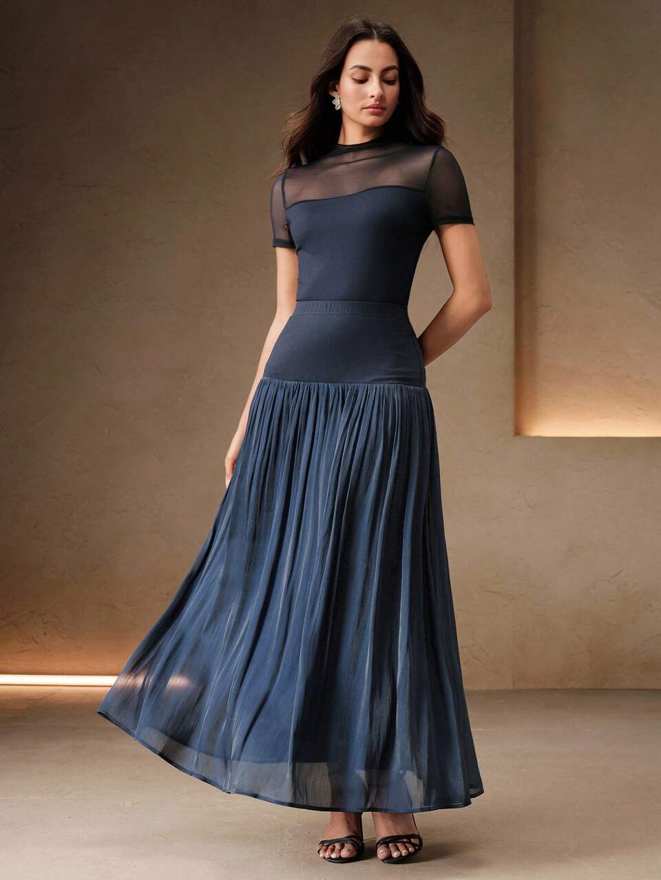 Anewsta Women's Summer Navy Blue Knit & Shiny Fabric Patchwork Pleated A-Line Skirt, Elegant Casual Beach Holiday Skirt