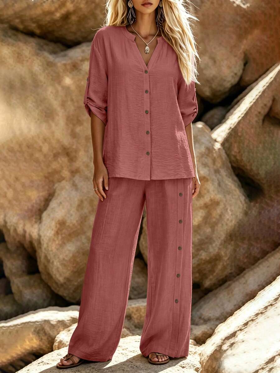 Linhara CURVE Plus Size Solid Color Vacation Casual Shirt And Pants 2 Pieces Set - Rusty Rose - View 1