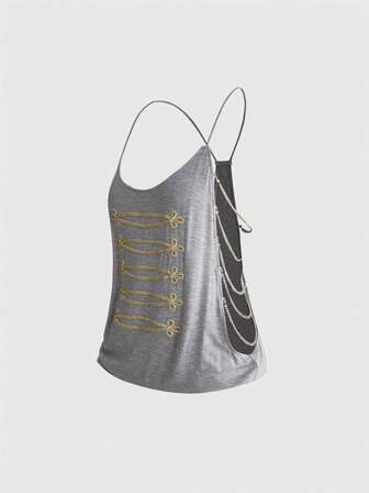 Y2K-Camisole mit Metallkette, Napoleon-Seilstickerei und rückenfreiem Design