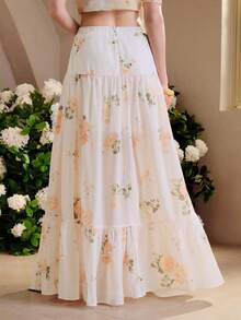 SHEIN Zanirela Women's Set Crop Top High Waist Tiered Maxi Skirt Chiffon Ruffle Short Sleeve Romantic Resort Off White Pink Rose Floral 2 Pieces Sets For Women Holida - Beige - View 4