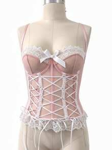 PRIMERA DAMA Lace Coquette With Sprout And Cross Ribbons For Women - Rosa+blanco - View 3