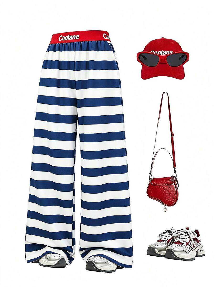 SHEIN Teen Girl Letter Waistband Striped Wide Leg Loose Long Pants - Multicolor - View 1