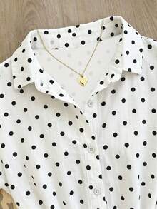 SHEIN Franclia 女款波點單排扣短袖上衣與短褲休閒日常套裝 - 白色 - 查看 3