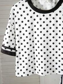 SHEIN 青少年女孩 T-Shirt 與長褲 2 件套，寬鬆休閒極簡針織開學穿搭，復古圓點女孩套裝，白色上衣寬腿褲 - 彩色 - 查看 7