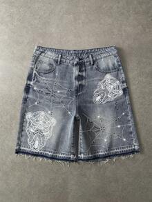 ROMWE MEN Shorts de mezclilla con estampado oscuro y pedrería para hombre - Bronce - Ver 1