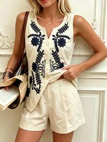 Cévolie Apricot Embroidered Vest And Shorts 2 Pieces Set - Apricot - View 6