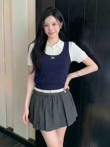 DAZY Women's Colorblock 2 In 1 3D Bow Decor Short Sleeve Knit Top - Blue - View 4