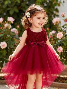 SHEIN Glamorique Kids 女嬰酒紅色薄紗3D花朵無袖洋裝，生日花童派對、婚禮公主風夏季保暖優雅造型 - 酒紅色 - 查看 3