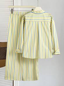 SHEIN Tween Girl Collared Long Sleeve Shirt And Striped Pants Set - Multicolor - View 2