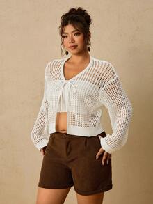 Travachic Plus Size French Vacation Hollow Out Tie-Front Long Sleeve Knit Cardigan - White - View 3
