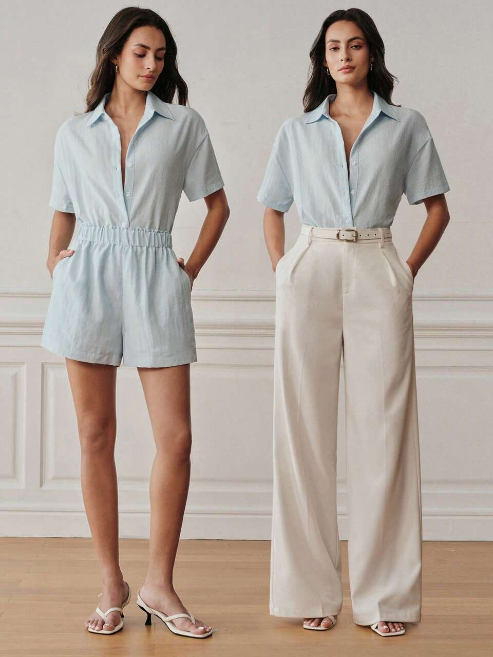 Anewsta Summer Modern Casual Short Sleeve Solid Blue Women's Shirt Holiday Outfits