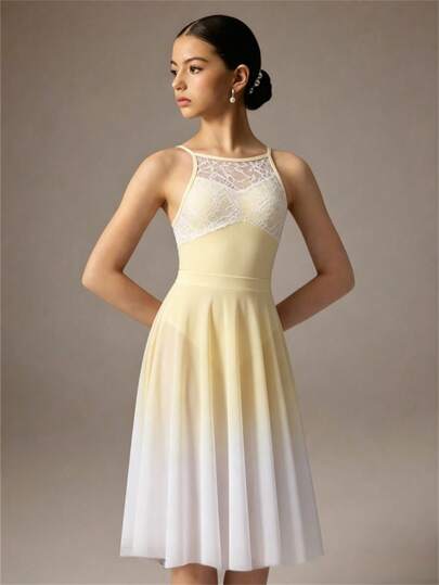 SHEIN Bộ váy leotard ballet cho thiếu nữ, màu vàng kem chuyển dần sang trắng, thân trên ren, cổ yếm, chân váy voan, dành cho khiêu vũ, dạ hội, mùa thu, phong cách trữ tình