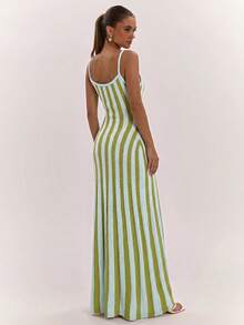SHEIN BAE Rochie cami bodycon elastică pentru femei, stil matur, cu efect de lașiere, talie evazată, rochie de bază tricotată, versatilă pentru uz zilnic casual și navetă - Multicolor - Vizualizare 2