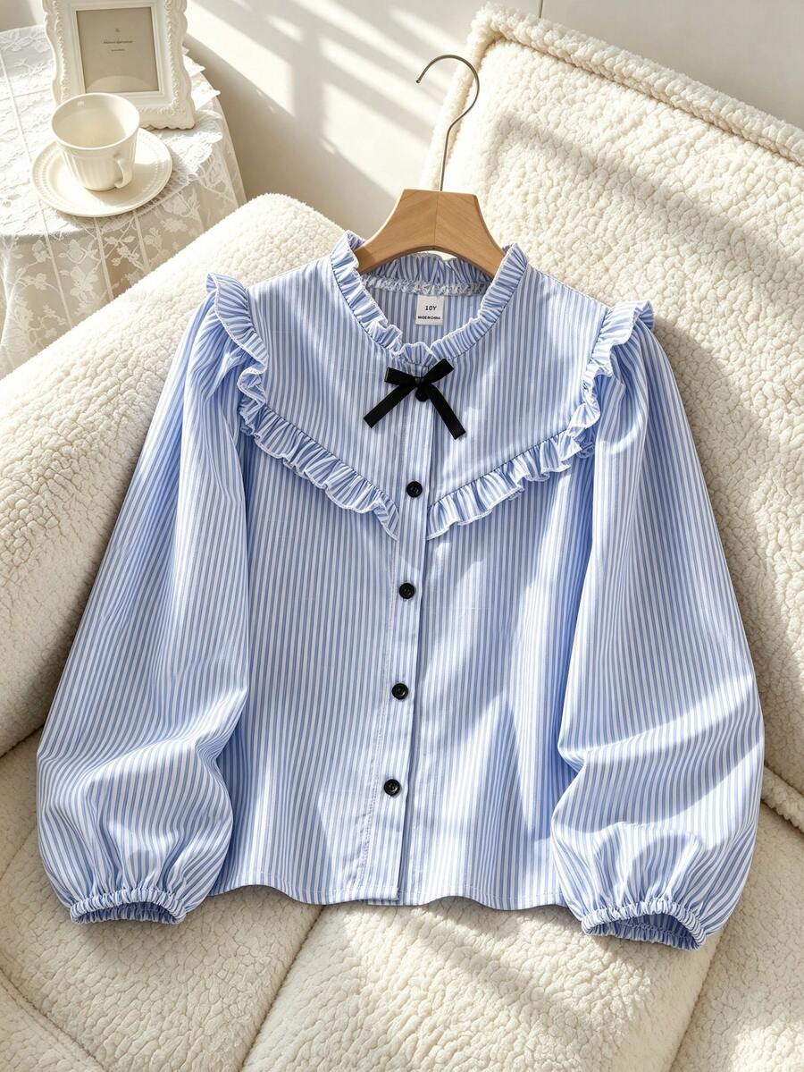 SHEIN 女童單件優雅條紋全開襟襯衫,荷葉領、泡泡袖設計,3D蝴蝶結裝飾,適合春/秋休閒、返校、度假穿著 - 藍色 - 查看 1