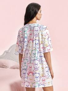 SHEIN X Care Bears 女款卡通印花圓領短袖睡裙 - 白色 - 查看 2