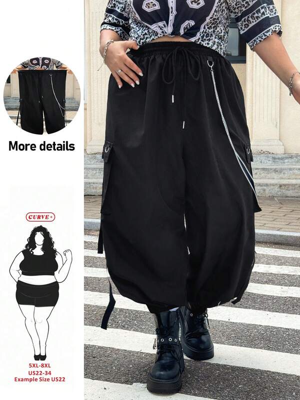 SHEIN CURVE+ Plus Size Women's Solid Color Drawstring Waist Loose Cargo Pants Fall