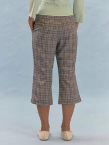 MUSERA Mid Rise Check Pattern Cropped Flare Trousers With Button Waist Detail Summer Smart Casual 1960s Vintage 90s Office Work School Sixth Form Grey Plaid - Multicolor - View 4