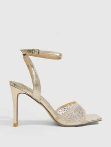 CUCCOO SZL Women's Gold Square Toe Rhinestone Heeled Sandals With Ankle Strap - Gold - View 2