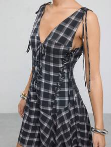 COUREZ Asymmetric Hem Layering Dress In Check Plaid With Lace Up Detail/Y2K Grunge Summer Clothes For Women Concert Outfits Halloween Black Plaid - Black and White - View 7