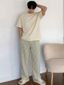 DAZY 夏季字母印花米色T恤與格紋長褲男士居家休閒套裝睡衣 - 彩色 - 查看 5